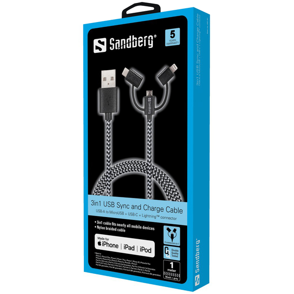 Sandberg 3-in-1 USB-A - Lightning -kaapeli, 1 m, Musta/Harmaa