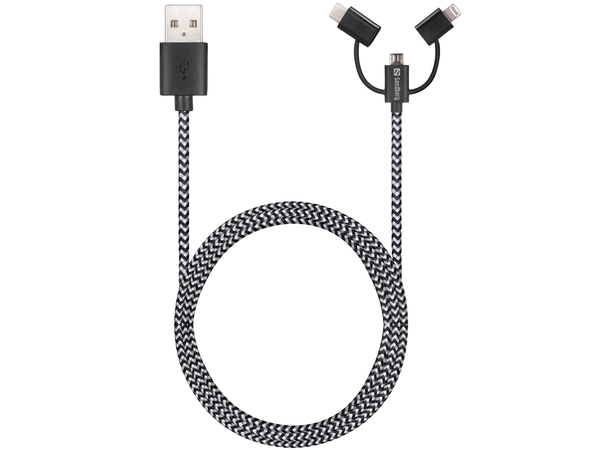 Sandberg 3-in-1 USB-A - Lightning -kaapeli, 1 m, Musta/Harmaa