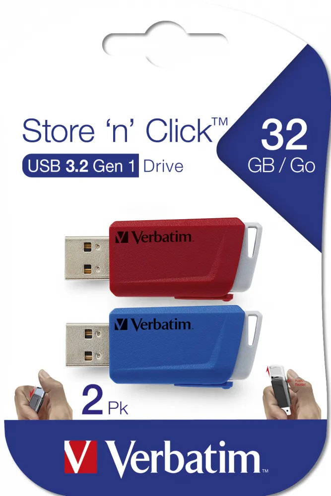 Verbatim 32 Gt Store 'n' Click USB 3.2 Gen 1x1 -muistitikku, Sininen/Punainen (2kpl)