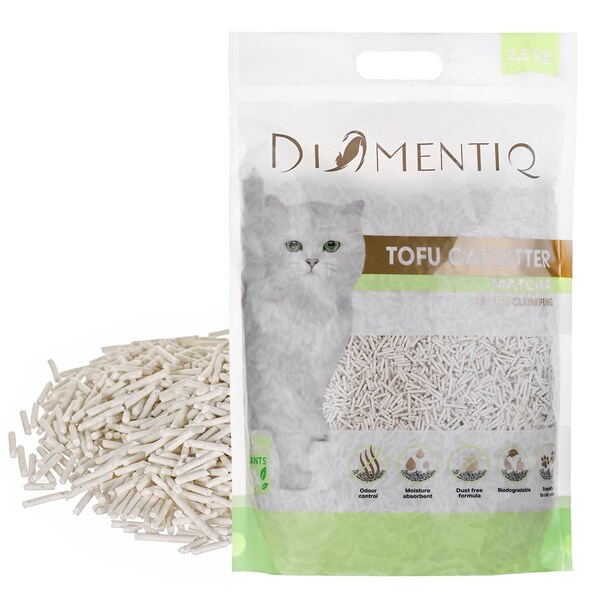 DIAMENTIQ Tofu Matcha Ultra Clumping klumpbildande kattsand, oparfymerad, spolbar, biologiskt nedbrytbar, 2,5 kg