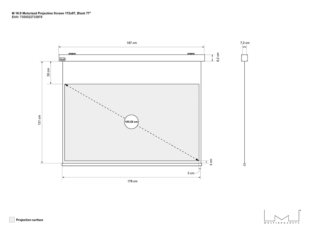 Multibrackets M Motorized Projection Screen Black Edition - Heijastusn&auml;ytt&ouml; - kattoon asennettava - moottoroitu - 77 tuuma (196 cm) - 16:9 - Matte White - musta