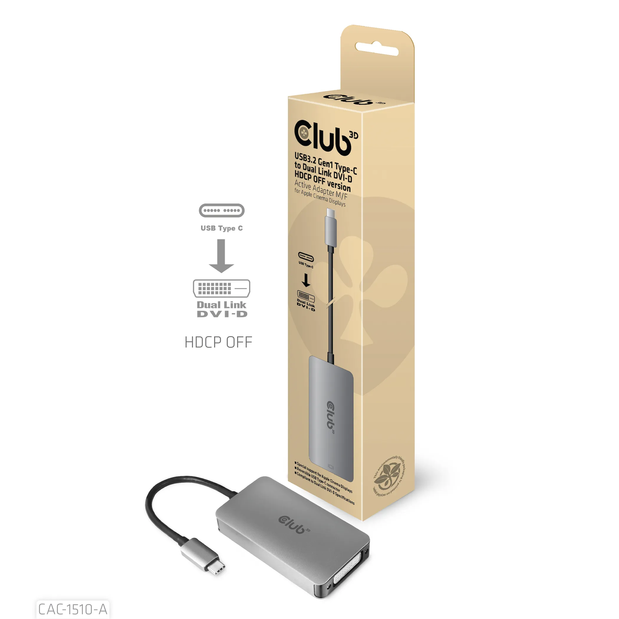 Club 3D 3.2 Gen1 USB-C - Dual Link DVI-D HDCP OFF-version, aktiv - adapter, Gr&aring;