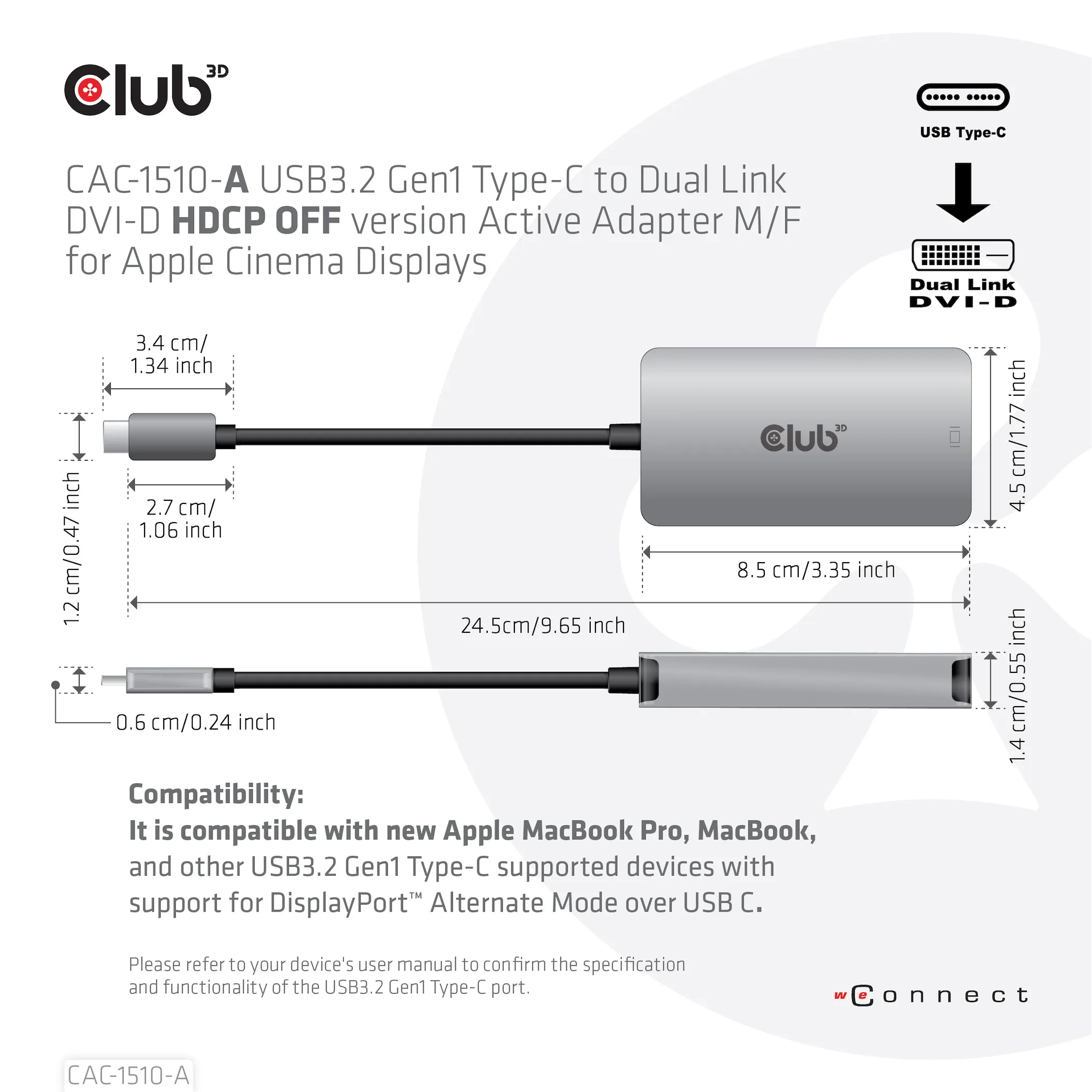Club 3D 3.2 Gen1 USB-C - Dual Link DVI-D HDCP OFF-version, aktiv - adapter, Gr&aring;