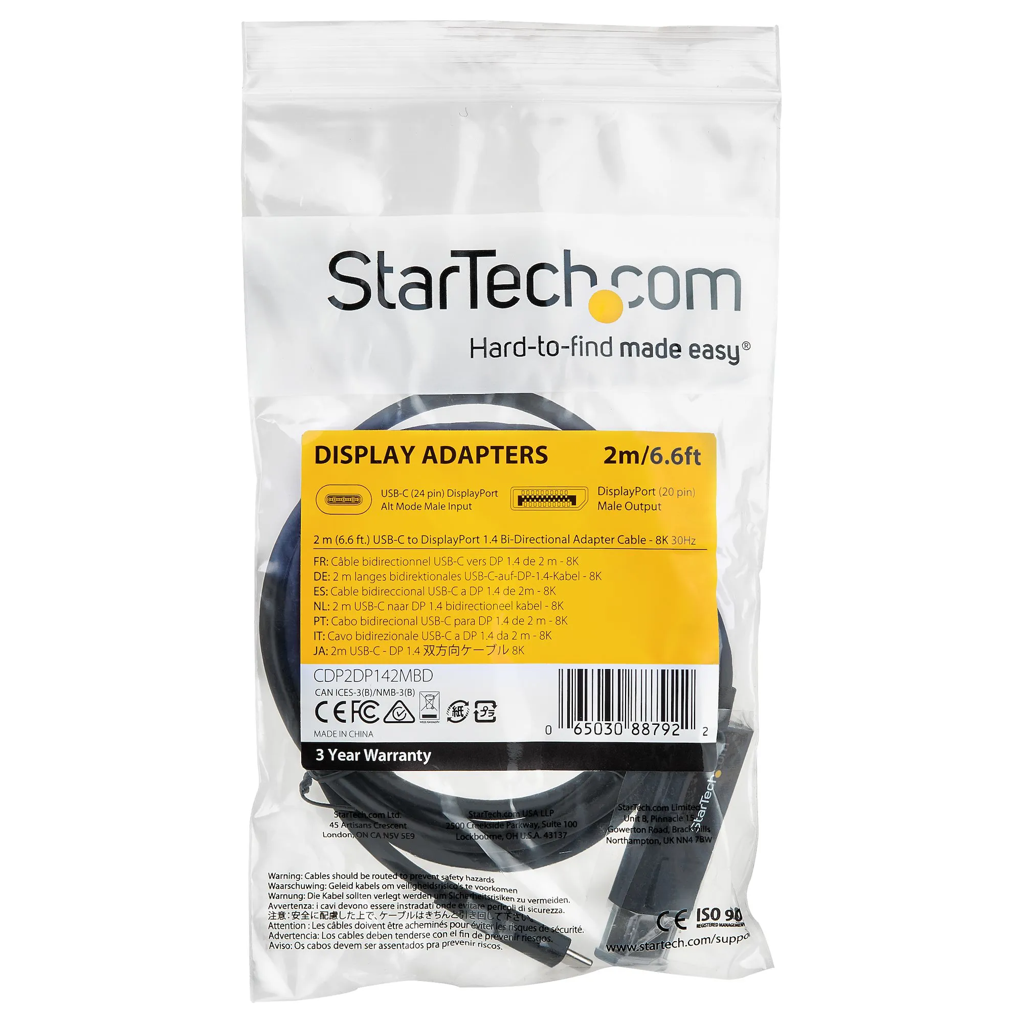 STARTECH.COM 6.6ft.2m USB C to DisplayPort 1.4 Cable Bidirectional8K 30 HBR3 Thunderbolt 3 /USB-C AdapterCable STARTECH.COM 6.6ft.2m USB C to DisplayPort 1.4 Cable Bidirectional8K 30 HBR3 Thunderbolt 3 /USB-C AdapterCable