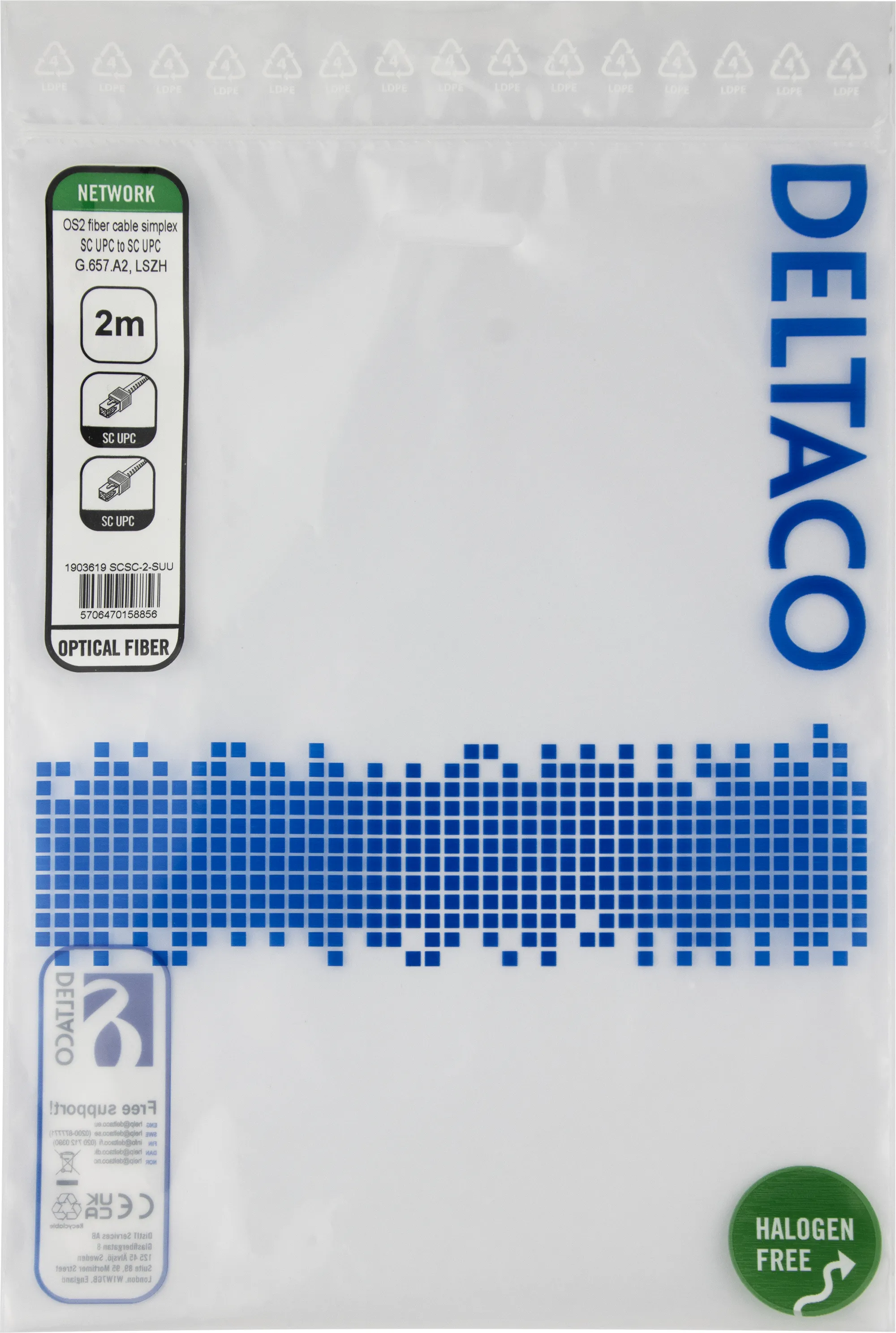 Deltaco OS2 LSZH SC-SC 2m Fiber Optic Cable, Yellow