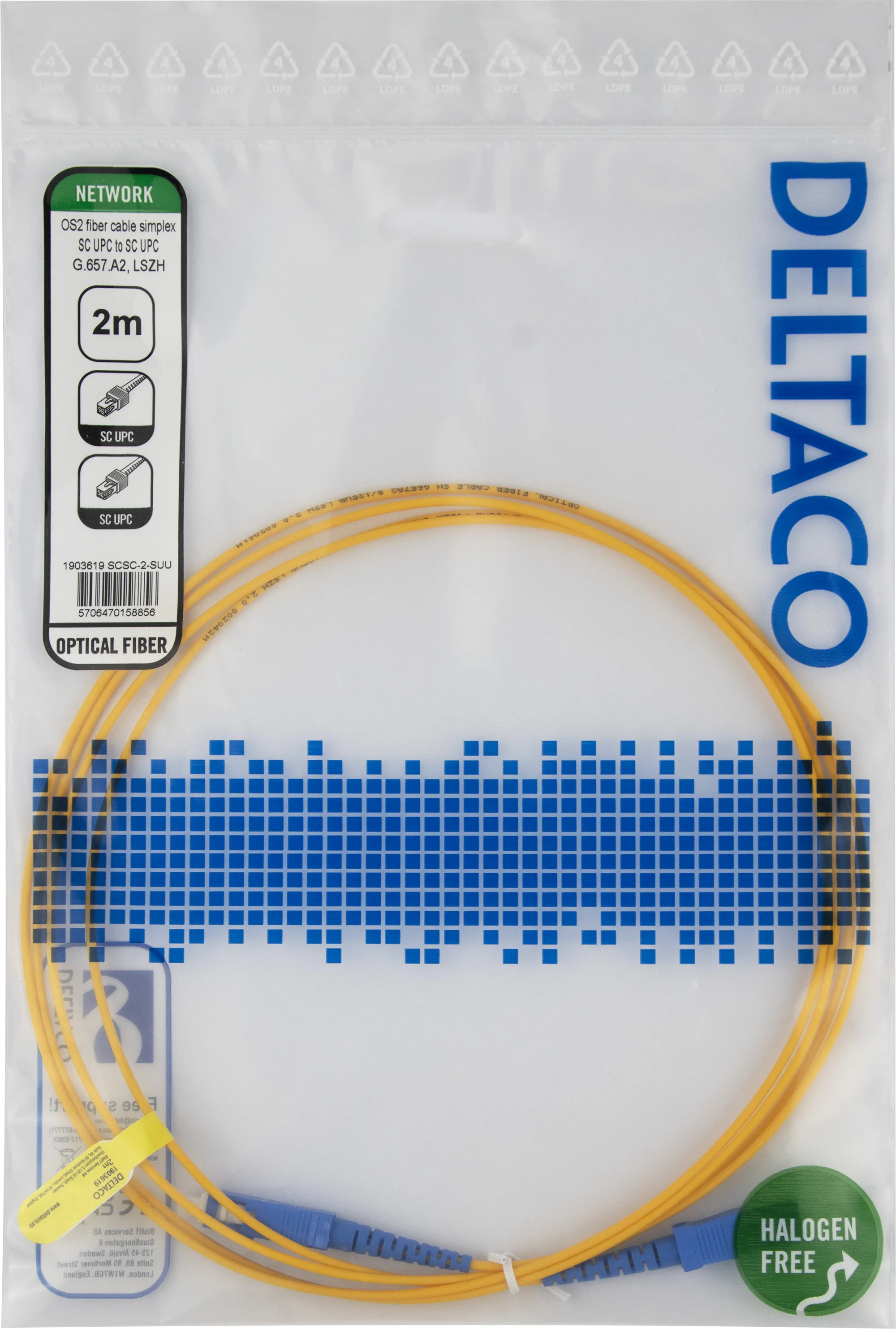 Deltaco OS2 LSZH SC-SC 2m Fiber Optic Cable, Yellow