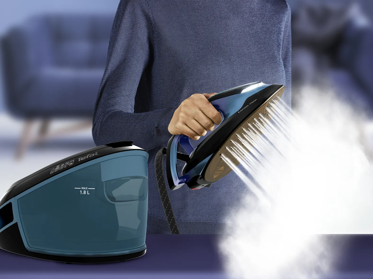 Tefal Express Vision SV8151E0 Steam Generator Iron, 2800W, 7 bar, 1.8L, Blue/Black