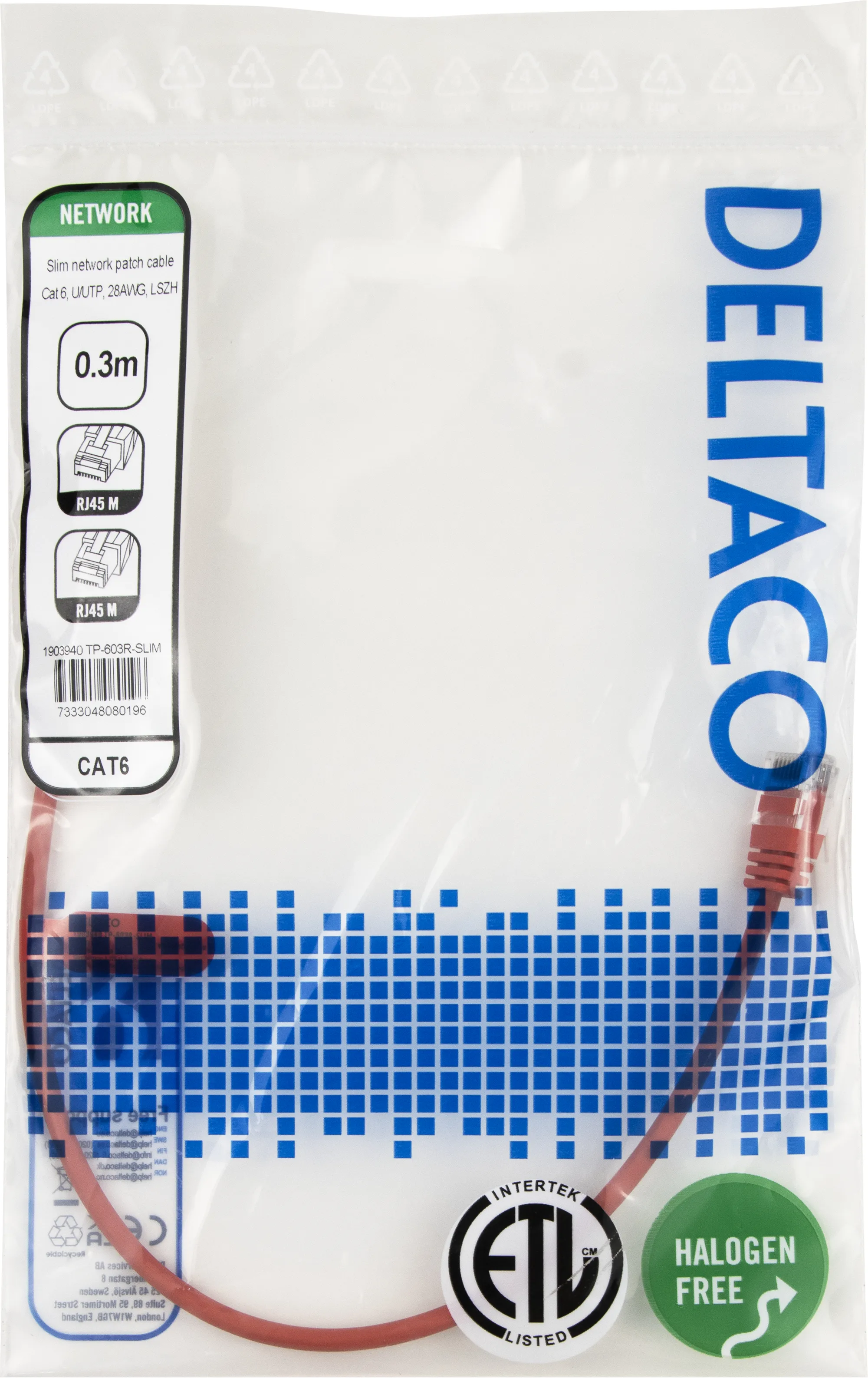 Deltaco Cat6 UTP RJ45 0.3m -verkkokaapeli, punainen