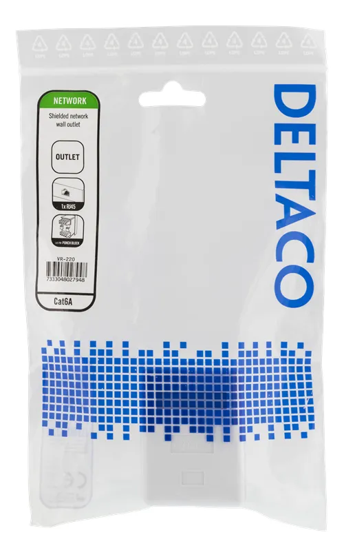 DELTACO skärmat vägguttag, utanpåliggande FTP 1xRJ45, Cat6A, vit