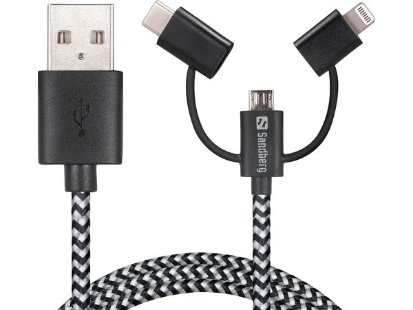 Sandberg 3-in-1 USB-A - Lightning -kaapeli, 1 m, Musta/Harmaa