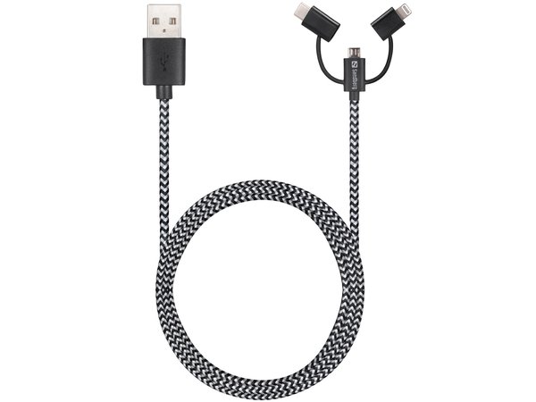 Sandberg 3-in-1 USB-A - Lightning -kaapeli, 1 m, Musta/Harmaa