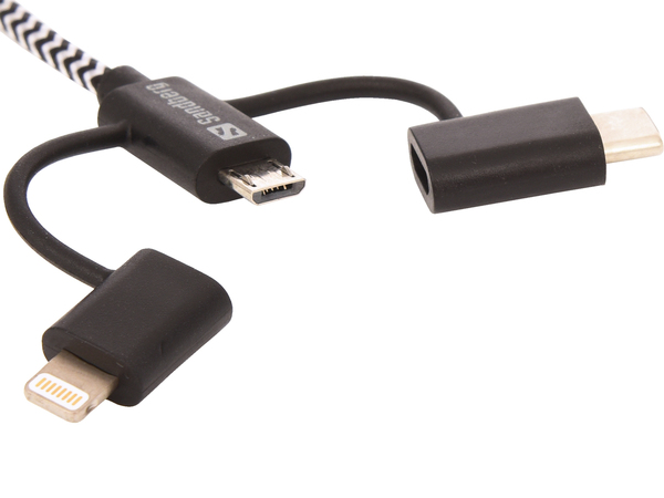 Sandberg 3-in-1 USB-A - Lightning -kaapeli, 1 m, Musta/Harmaa
