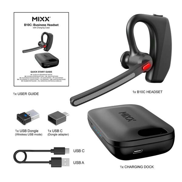 MIXX B10c Wireless Mono Headset with Charging Dock and USB Dongle, Black