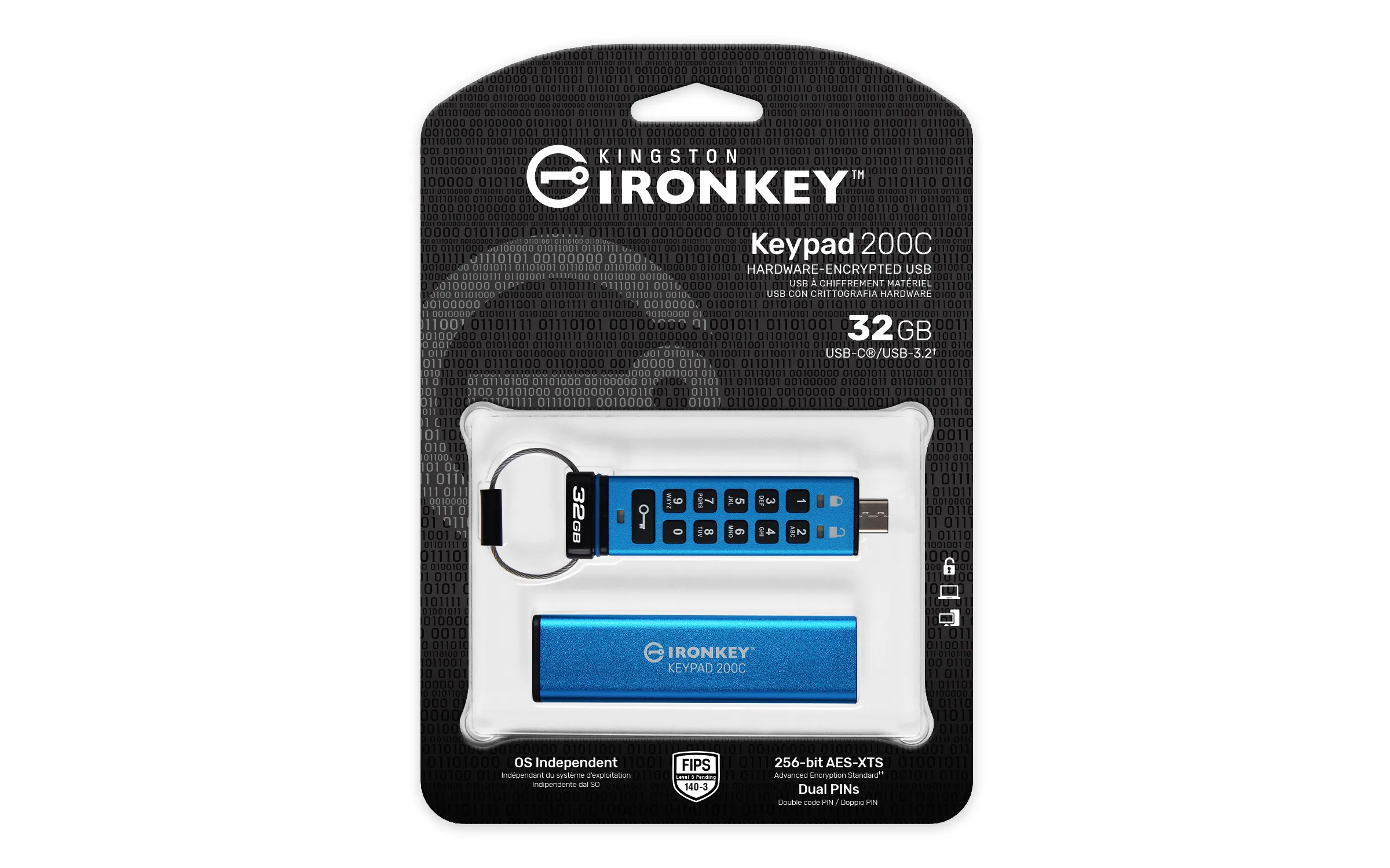 Kingston IronKey Keypad 200C, AES-256 32GB USB-C 3.2 Gen 1x1 - memory stick, Blue