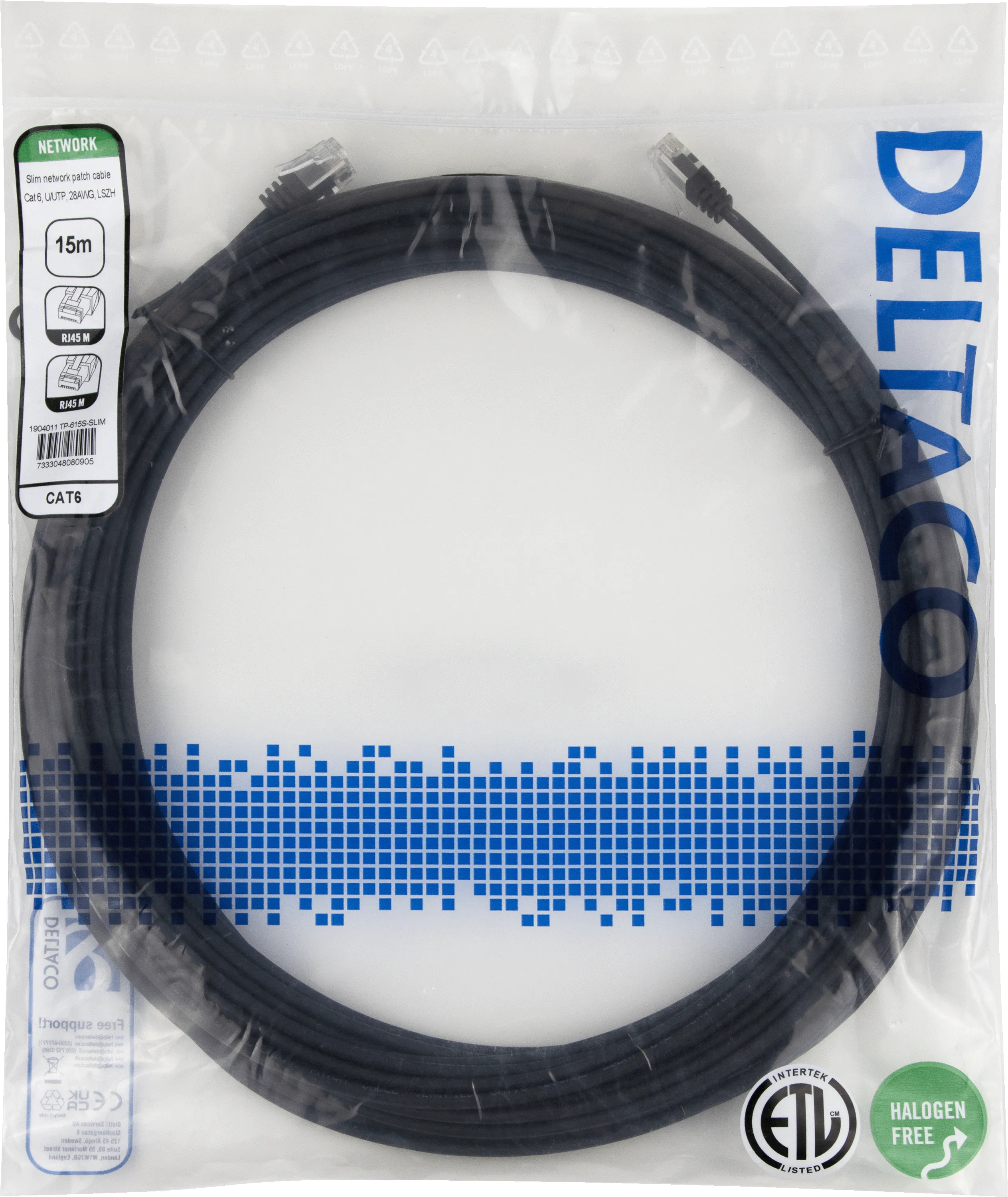 Deltaco Cat6 UTP RJ45 15m Network Cable, Black