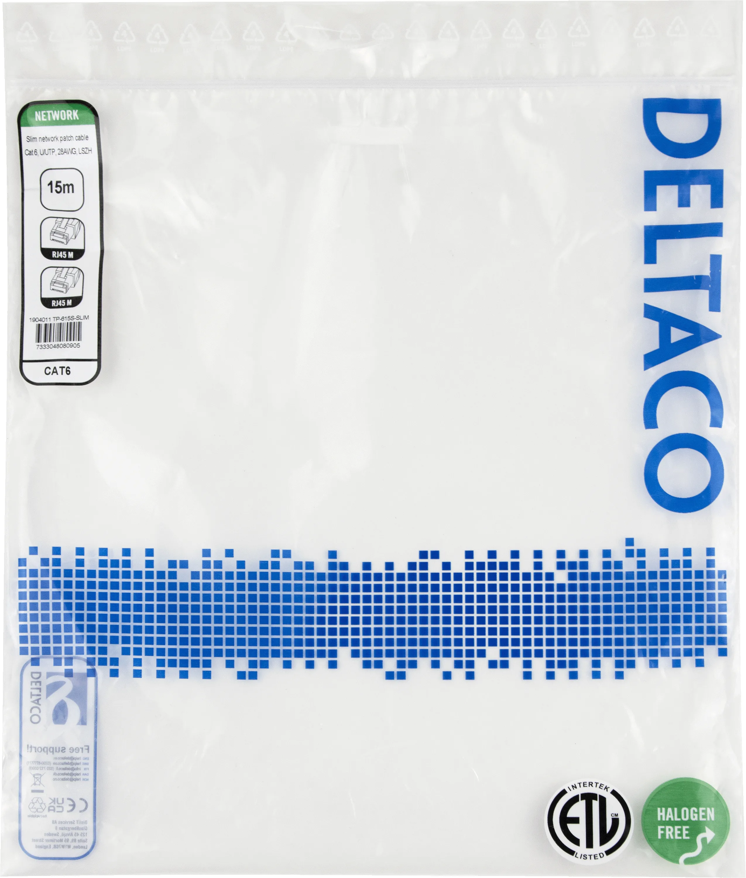 Deltaco Cat6 UTP RJ45 15m Network Cable, Black