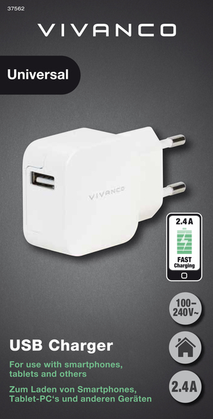VIVANCO Nopea 1xUSB Koti-/Matkalaturi 2.4A Valk.