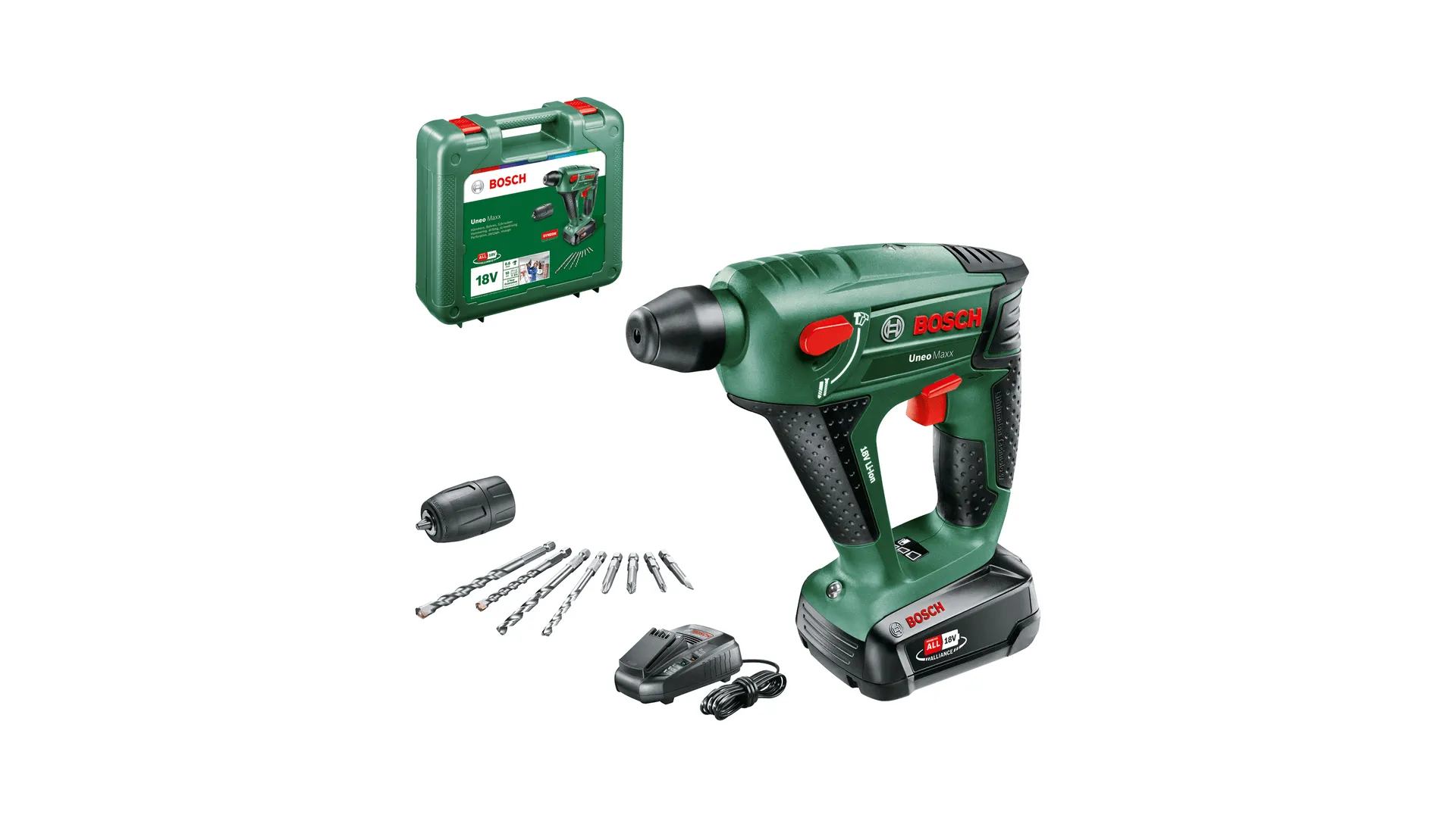 Bosch Cordless Hammer Drill Uneo Maxx, 18V (green/black, Li-Ion battery 2.5Ah, in case)