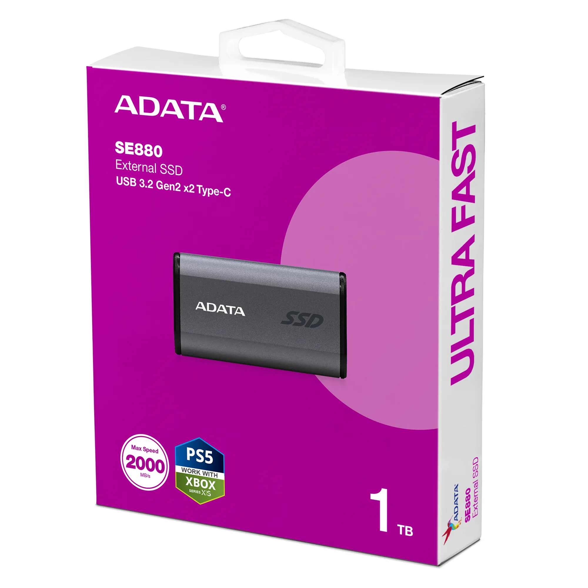 A-DATA SE880 1TB External SSD with USB 3.2 Gen 2x2 (USB-C), Portable, for console gaming, Gray
