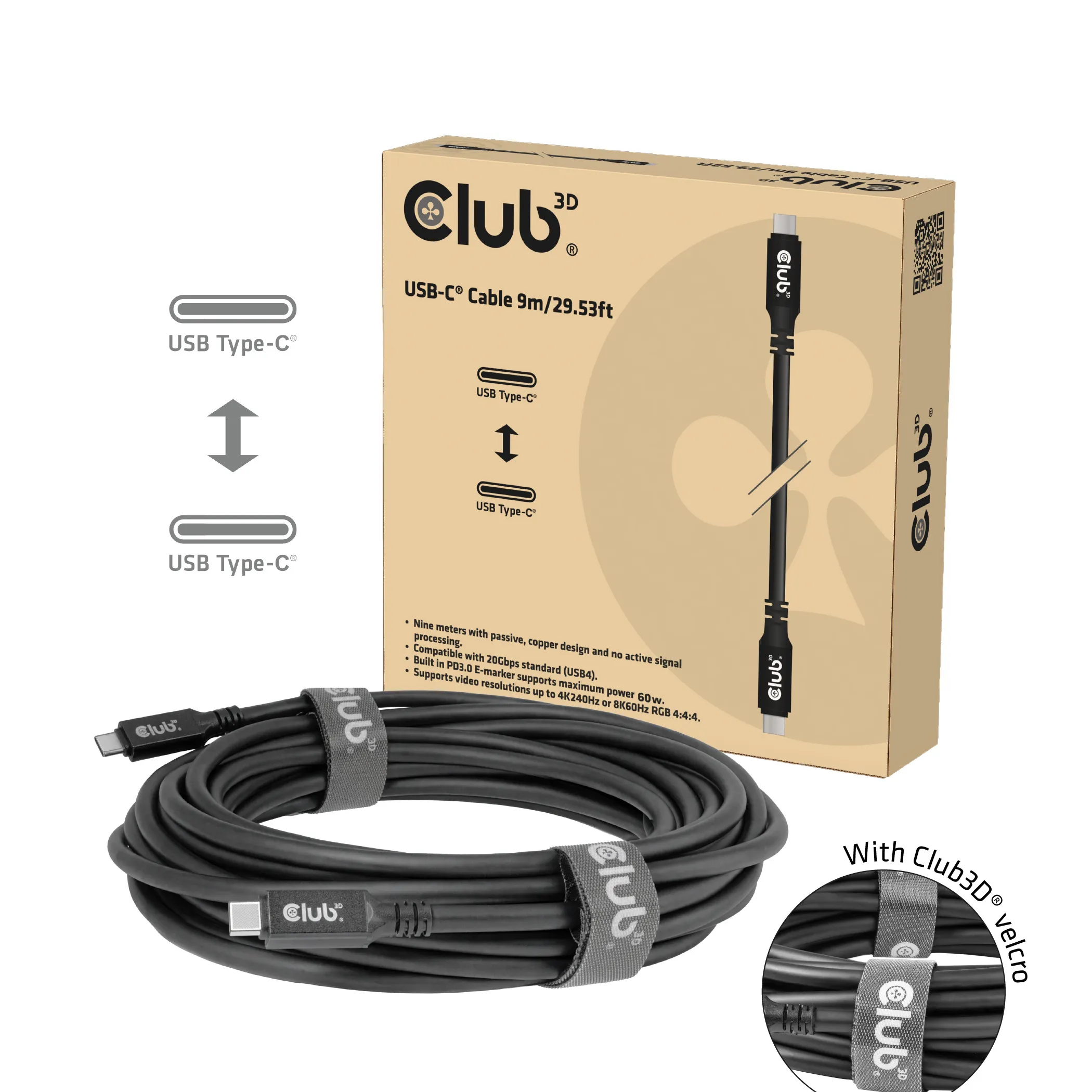 Club 3D CAC-2509 USB-C cable, 100W, 9 m, Black