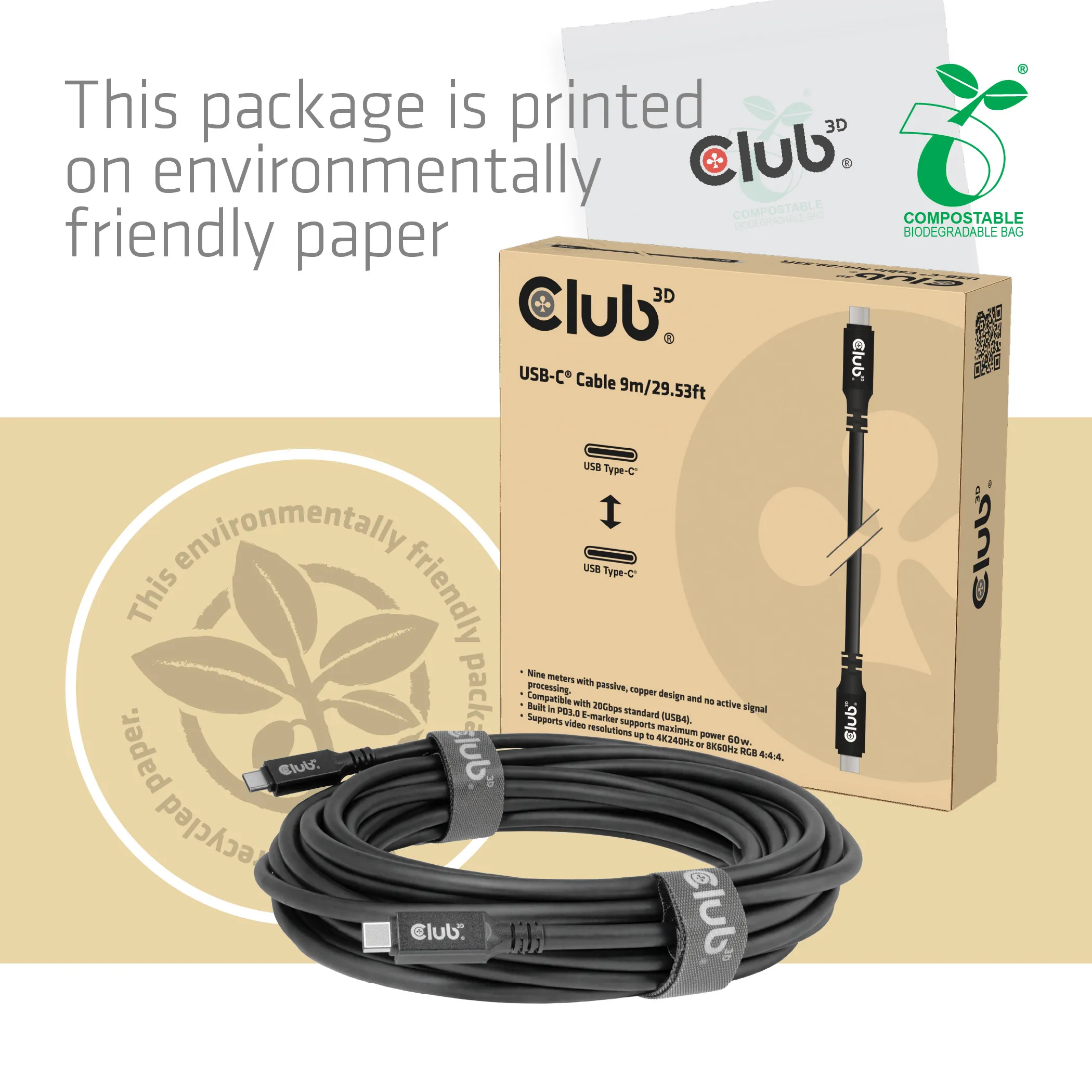 Club 3D CAC-2509 USB-C cable, 100W, 9 m, Black