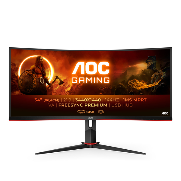 AOC 34&quot; CU34G2X/BK, UWQHD, 1ms, 144 Hz, FreeSync, VA - curved spelsk&auml;rm