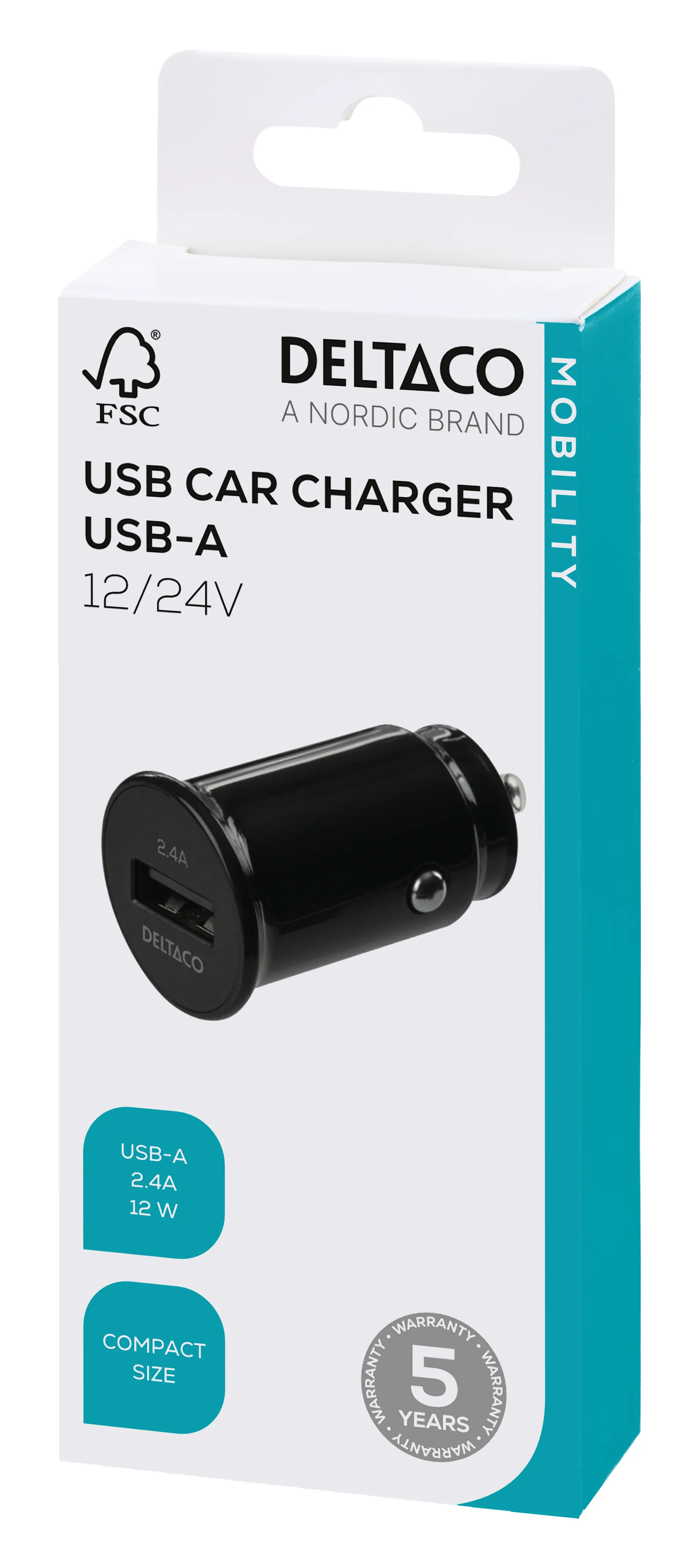 DELTACO 12/24 V USB-billadare med kompakt storlek och 1x USB-A port, 2