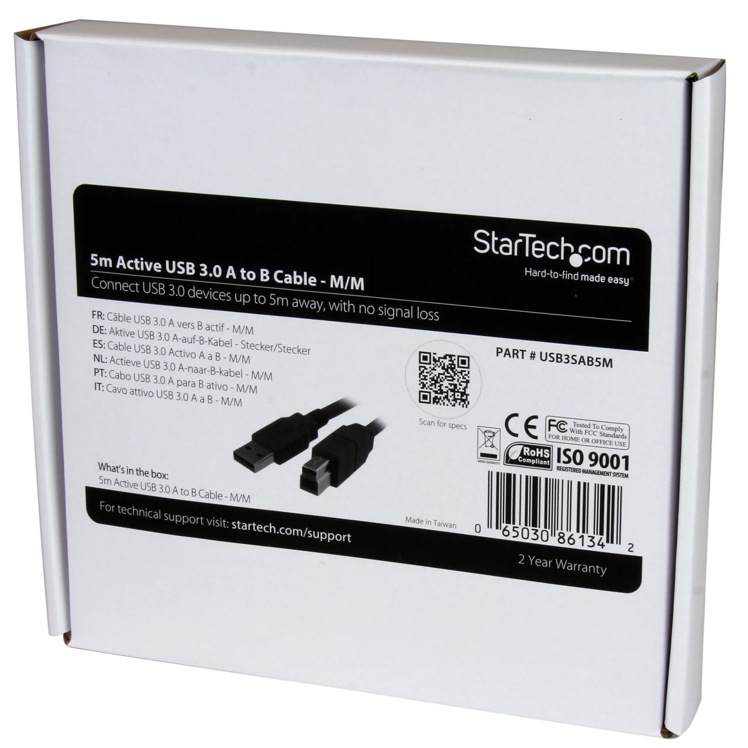 StarTech Active USB 3.2 Gen 1 USB-A to USB-B cable, 5 m, Black