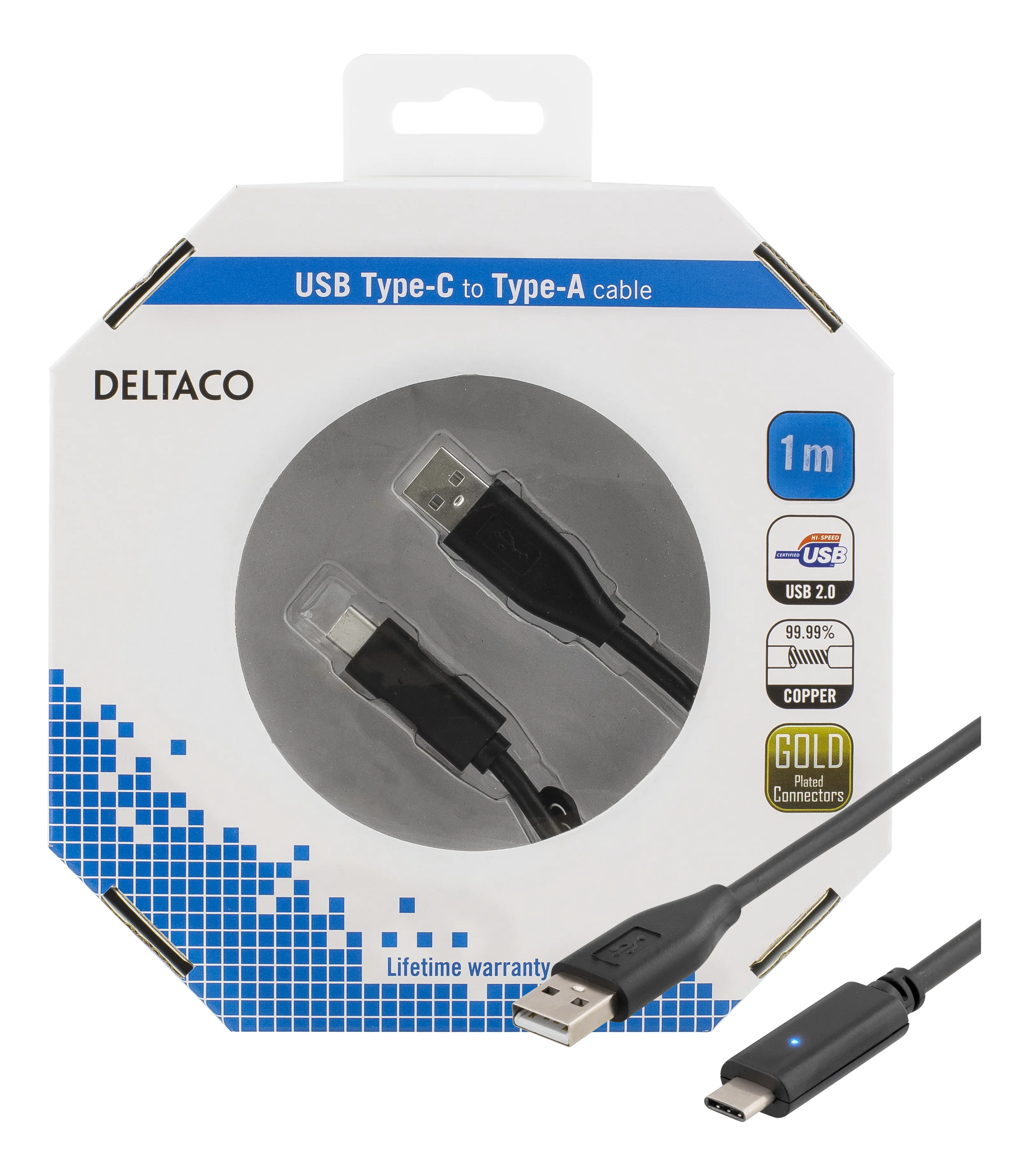 Deltaco USB-C to USB-A cable, 1 m, Black