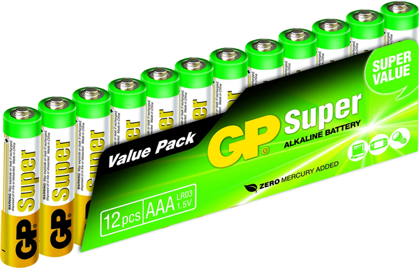 GP Super Alkaline Battery, Size AAA, LR03, 1.5V, 12-pack
