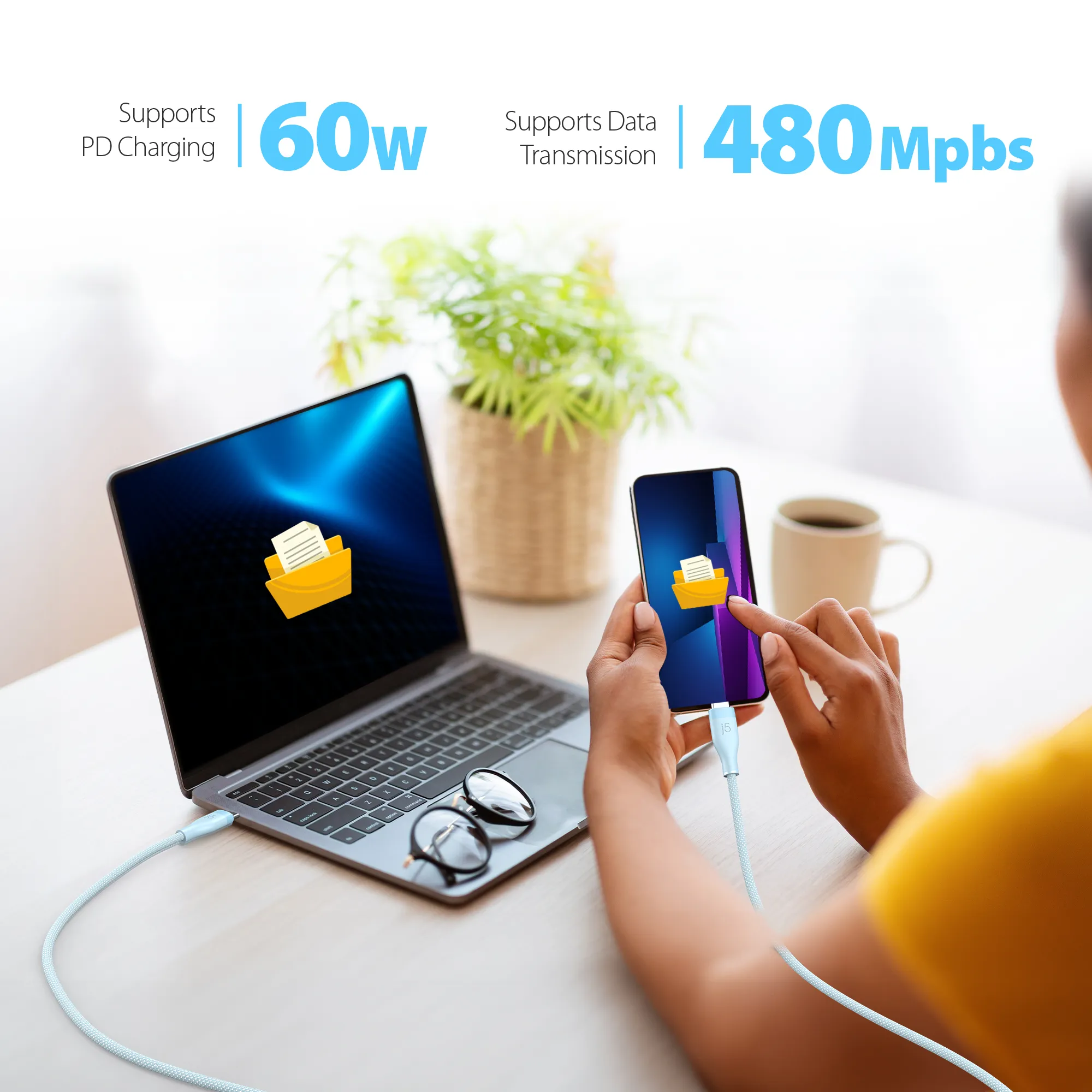 j5create JUCX18L18W-N USB-C -kaapeli, 60 W, 1,8 m, valkoinen