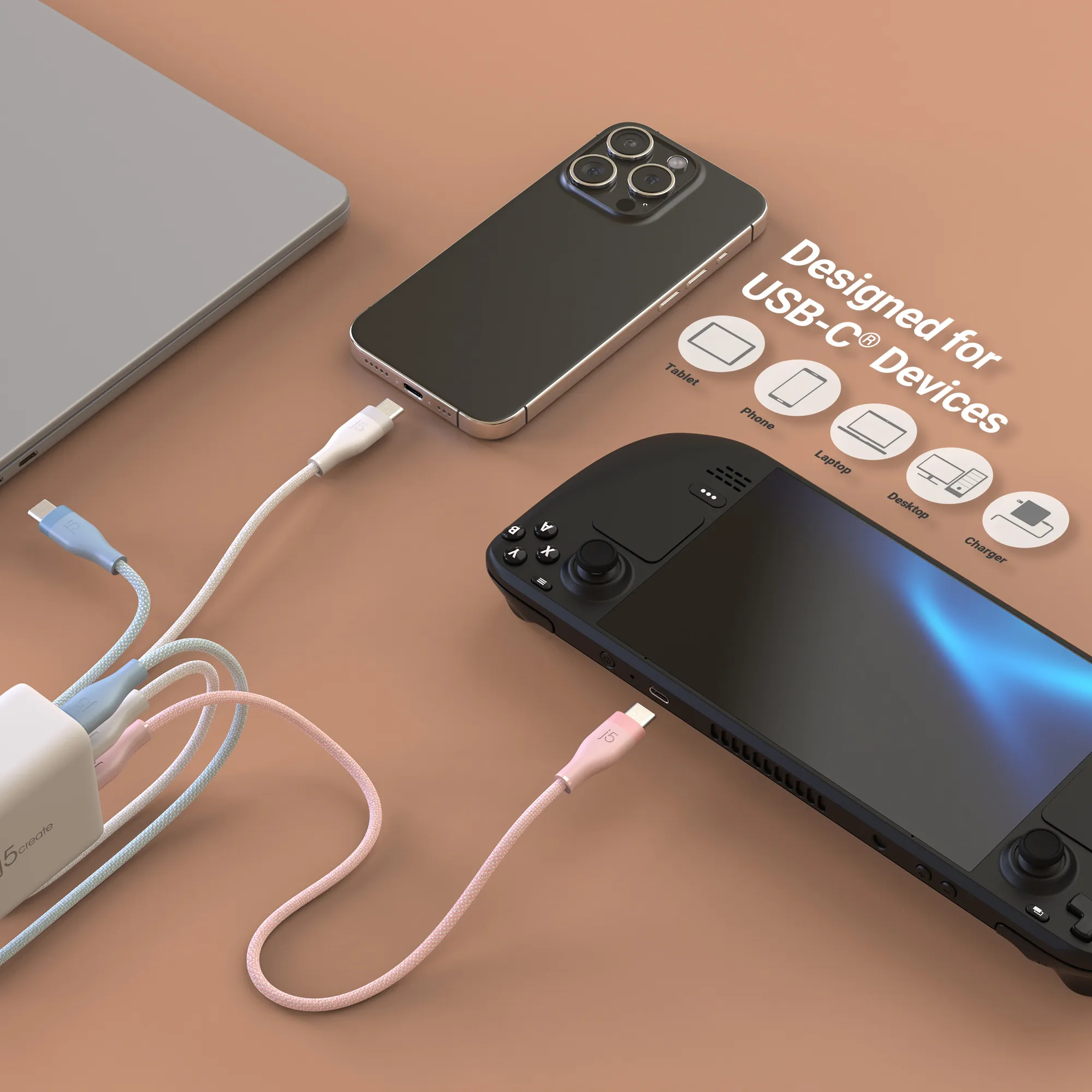 j5create JUCX18L18W-N USB-C -kaapeli, 60 W, 1,8 m, valkoinen
