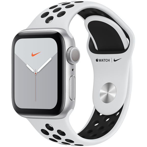 Apple Watch Nike Series 5 GPS + Cellular, 40 mm hopeanv&auml;rinen alumiinikuori ja Pure Platinum/musta Nike Sport ‑ranneke