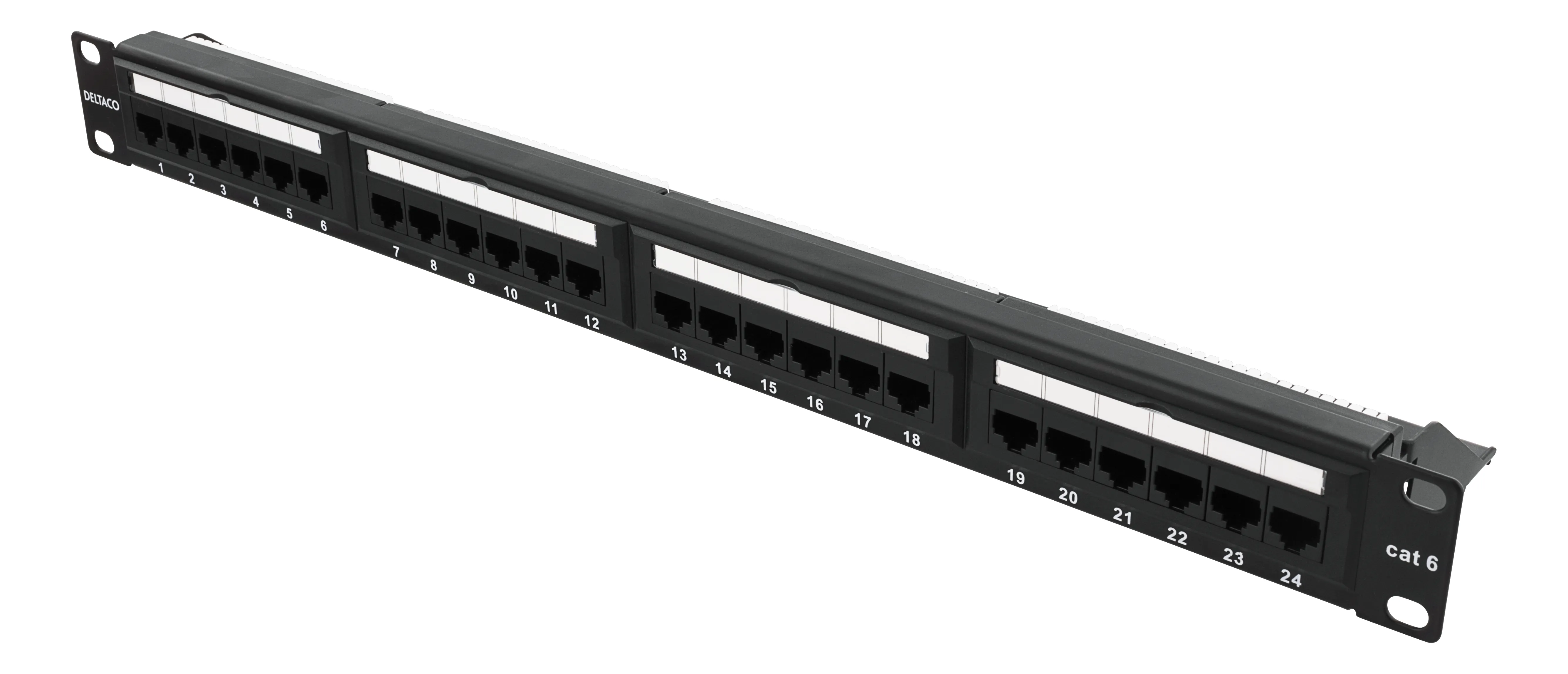 DELTACO UTP-kytkent&auml;paneli, 24xRJ45, Cat6, Krone-rimat, 1U, 19&quot;, musta