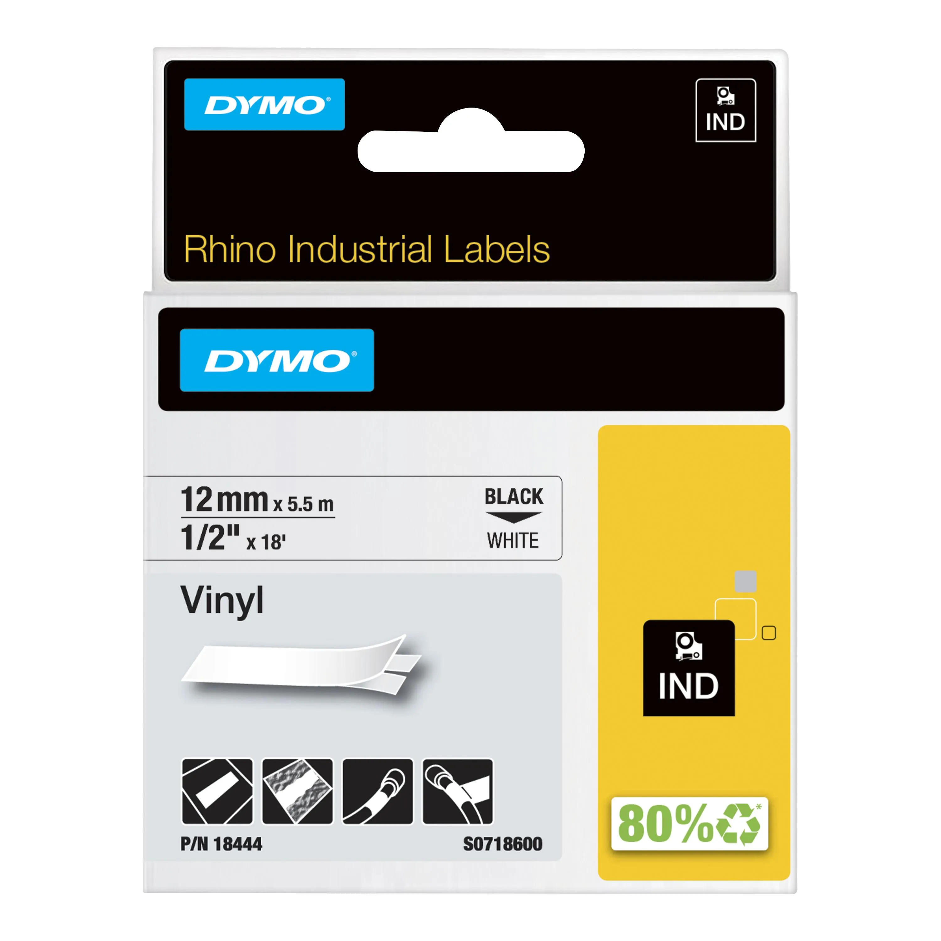 DYMO RhinoPRO m&auml;rktejp perm vinyl 12mm, svart p&aring; vitt, 5.5m rulle