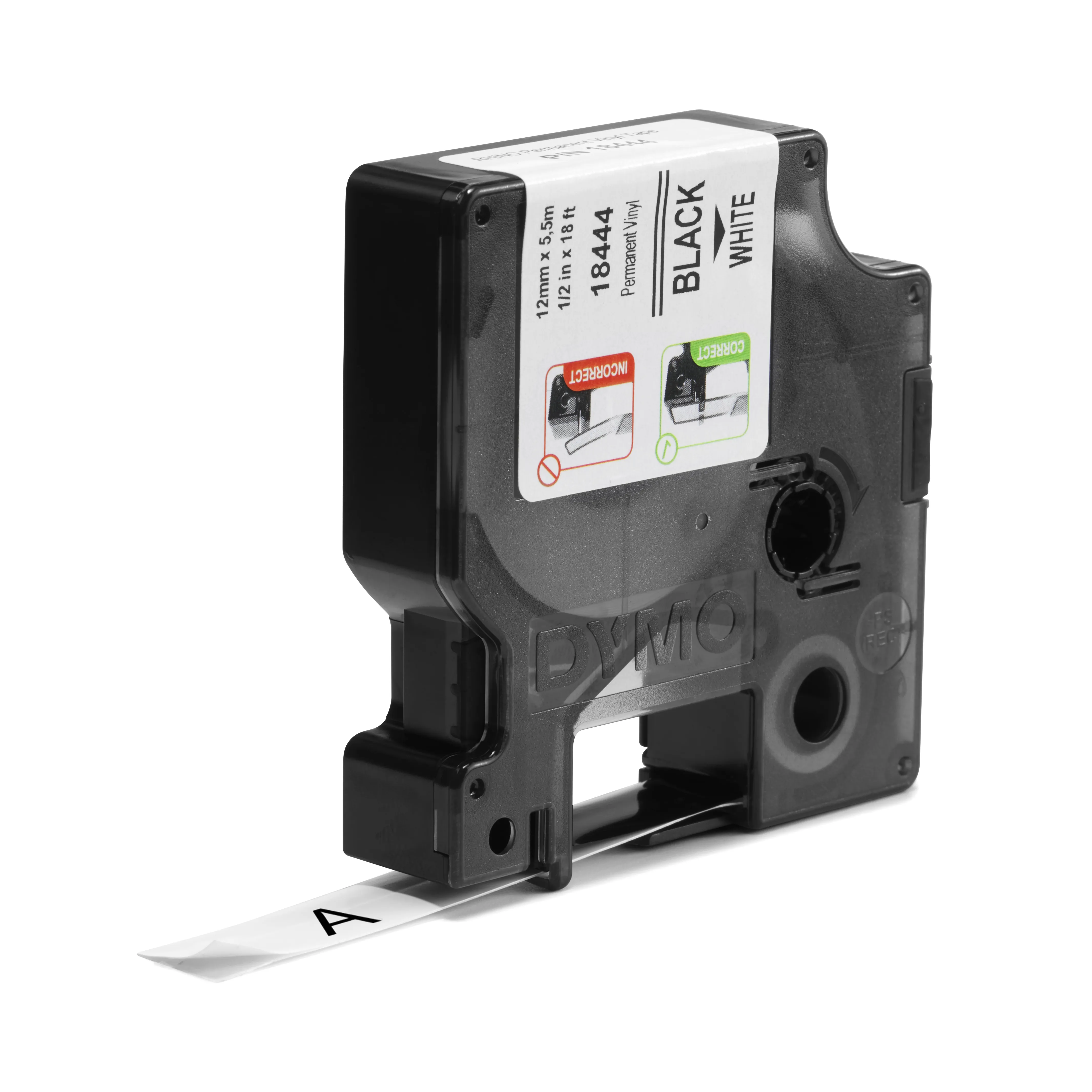 DYMO RhinoPRO m&auml;rktejp perm vinyl 12mm, svart p&aring; vitt, 5.5m rulle