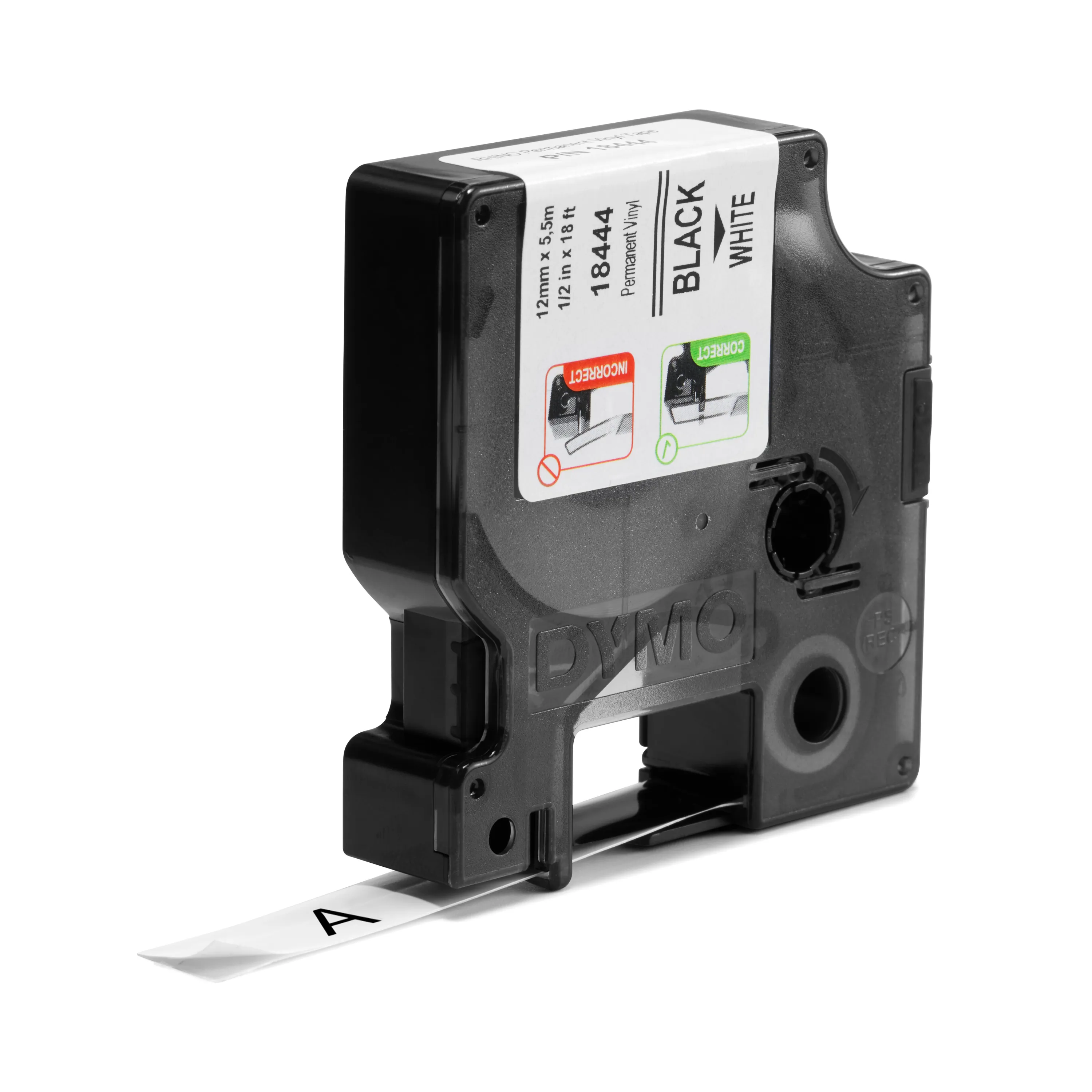 DYMO RhinoPRO m&auml;rktejp perm vinyl 12mm, svart p&aring; vitt, 5.5m rulle