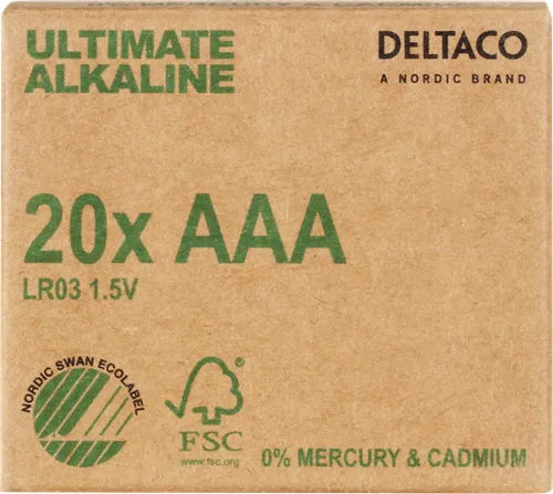 DELTACO Ultimate Alkaline batteries, LR03/AAA size, 20-pack bulk