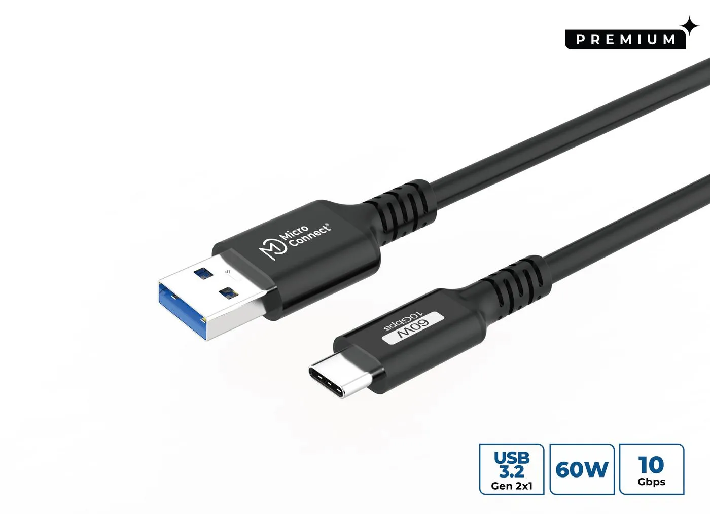 MicroConnect Premium USB-C to USB-A cable, 60W, 10Gbps, USB 3.2 Gen 2, 0.25m, Black