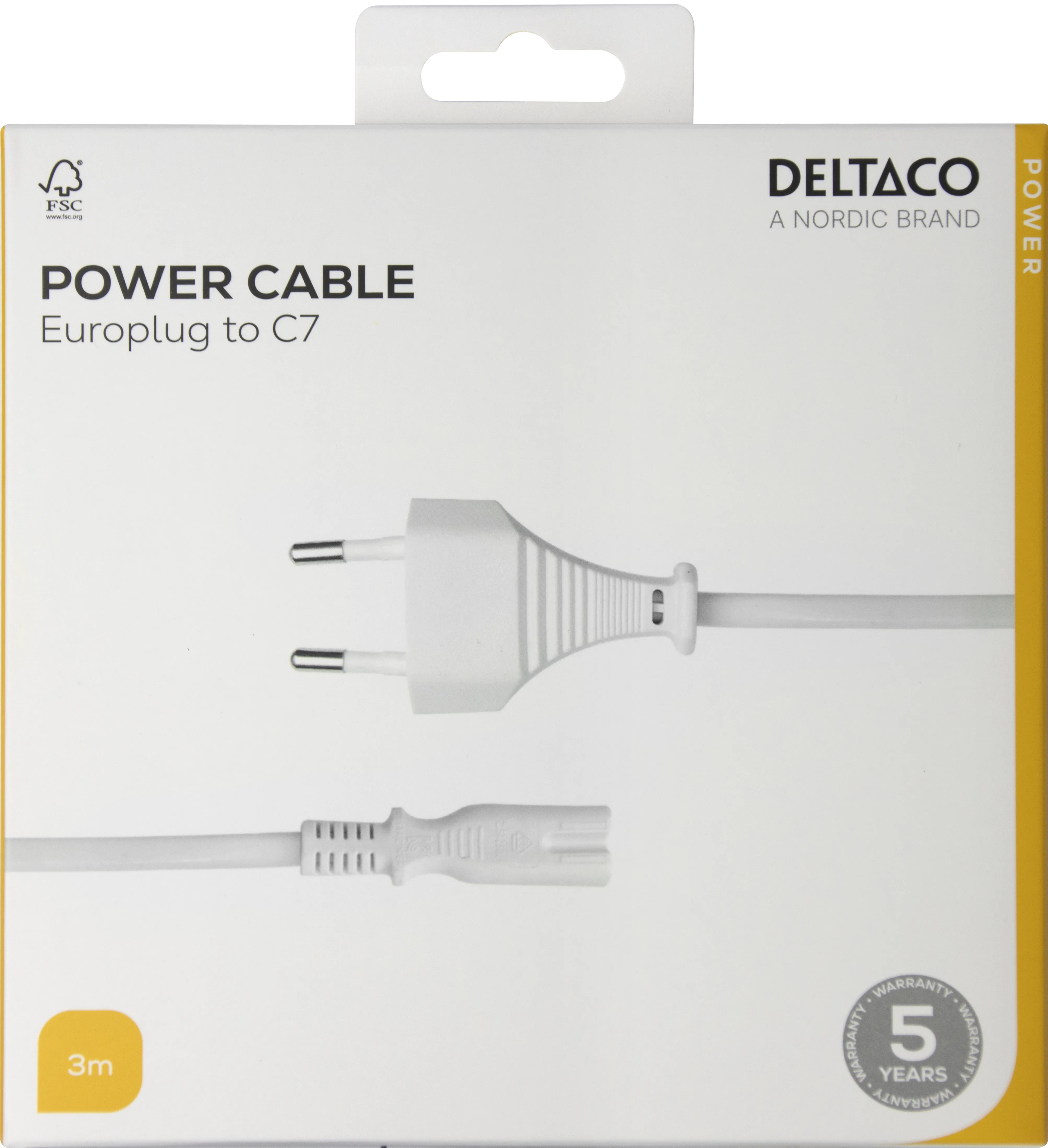Deltaco CEE 7/16 - C7 - power cord, White, 3m