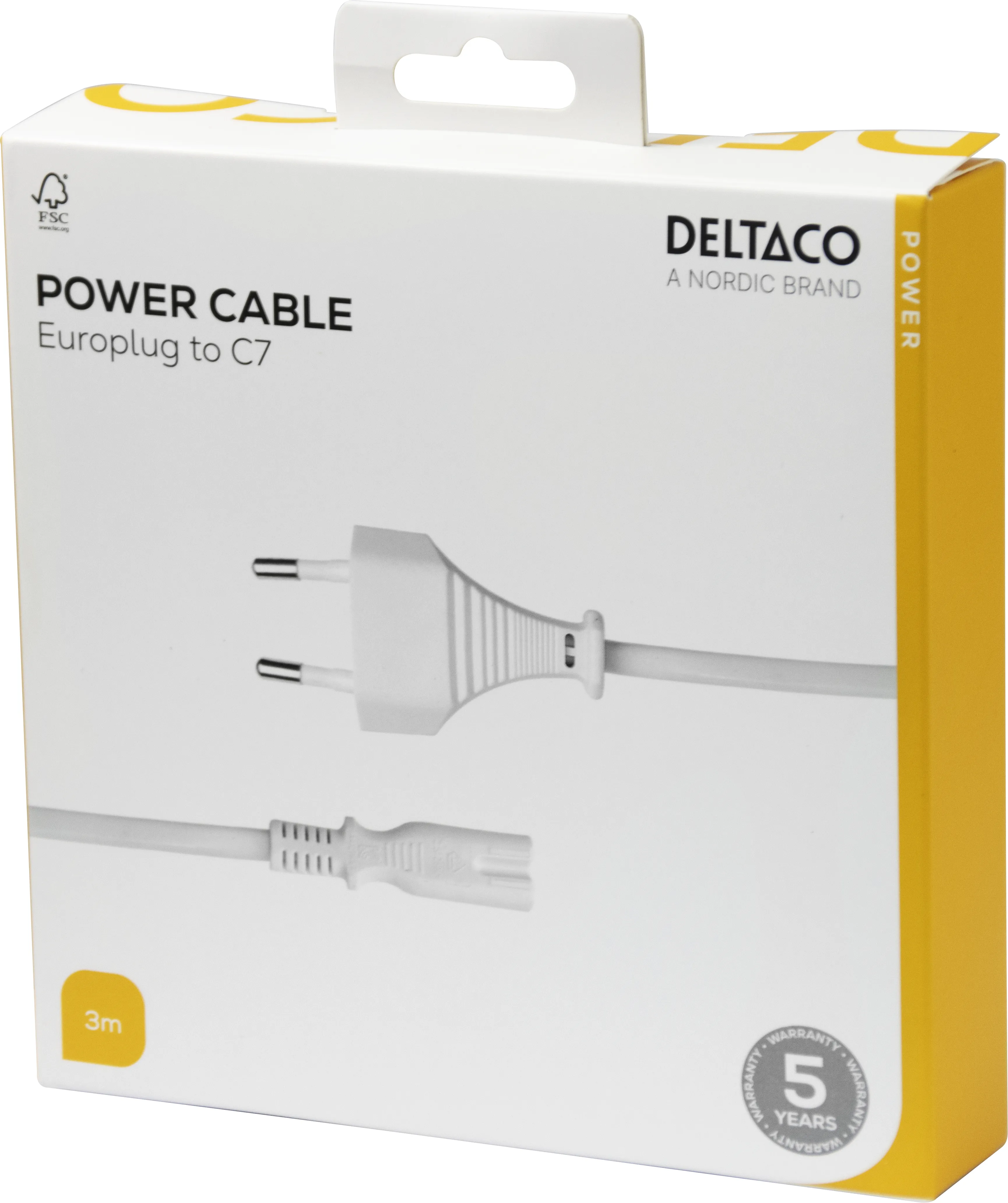 Deltaco CEE 7/16 - C7 - power cord, White, 3m