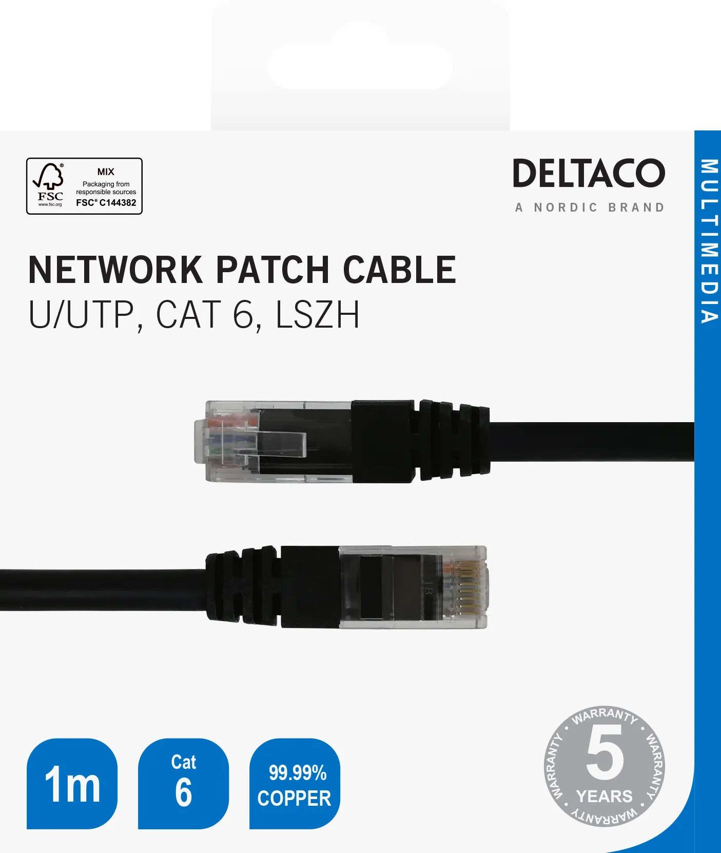 Deltaco CAT6 U/UTP - n&auml;tverkskabel, svart, 1m