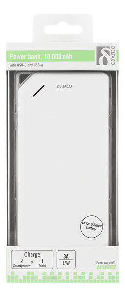 DELTACO Power bank, 10000mAh, 1xUSB-C, 1xUSB-A naaras, 3A, valkoinen