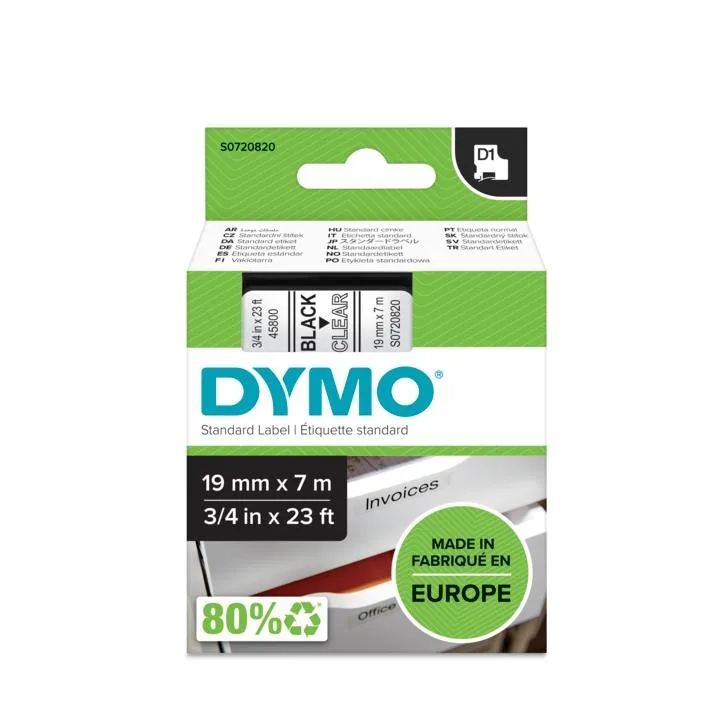 DYMO D1 m&auml;rktejp standard 19mm, svart p&aring; transparent, 7m rulle (4580