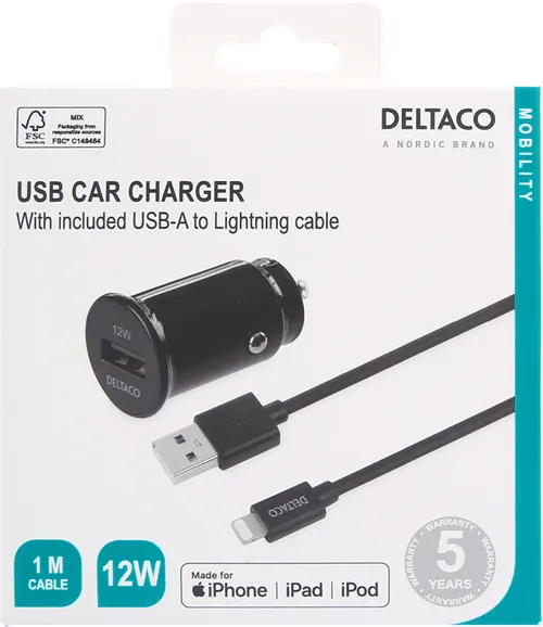 DELTACO USB car charger, 1x USB-A 2.4 A, 1 m Lightning cable, black