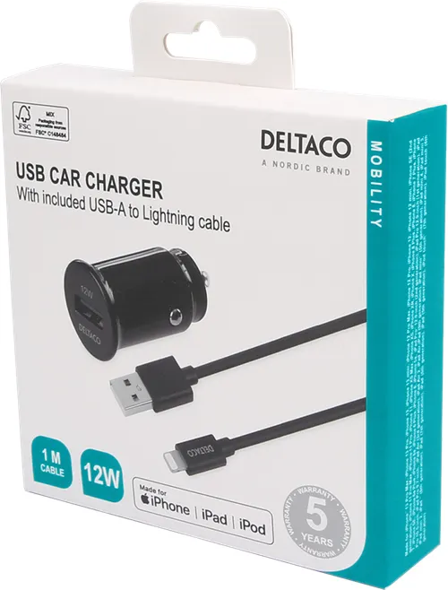 DELTACO USB car charger, 1x USB-A 2.4 A, 1 m Lightning cable, black