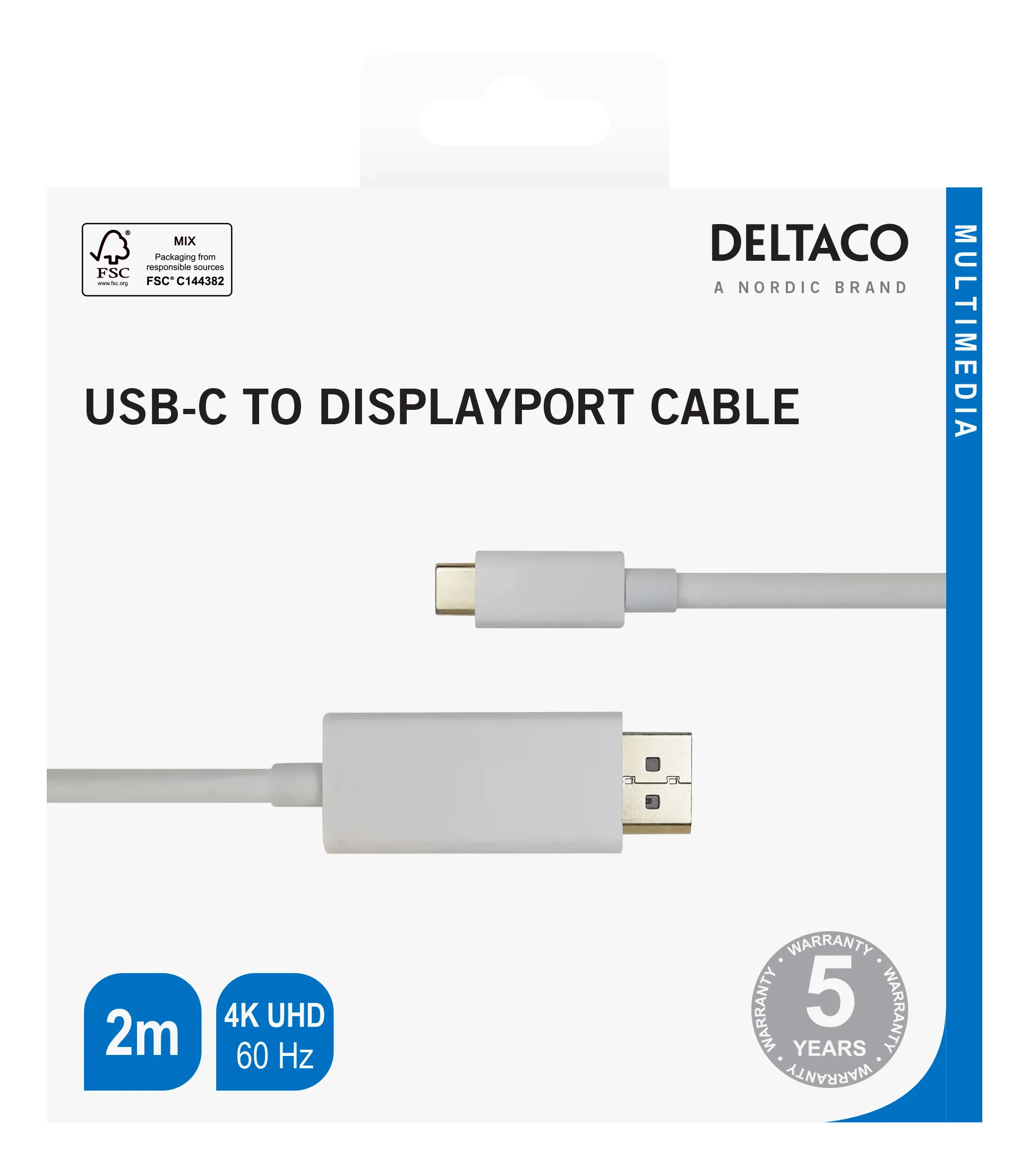 Deltaco USB-C - DisplayPort cable, 4K UHD, gold plated, 2m, white