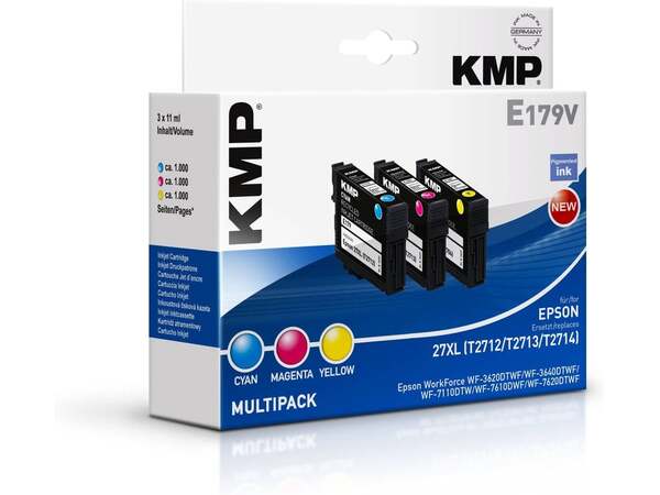 KMP E179V kit med bl&auml;ckpatroner, 11 ml, cyan/magenta/gul, 3 st