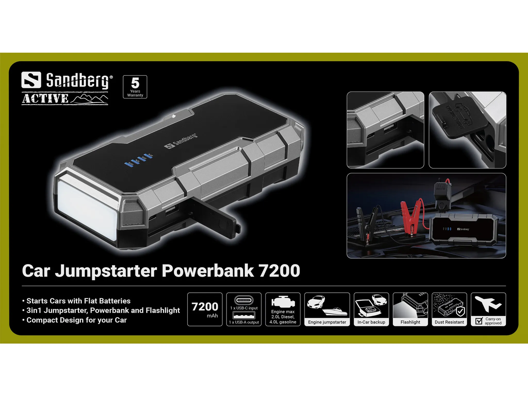 SANDBERG Car Jumpstarter 7200mAh, 18W -varavirtal&auml;hde, harmaa, musta