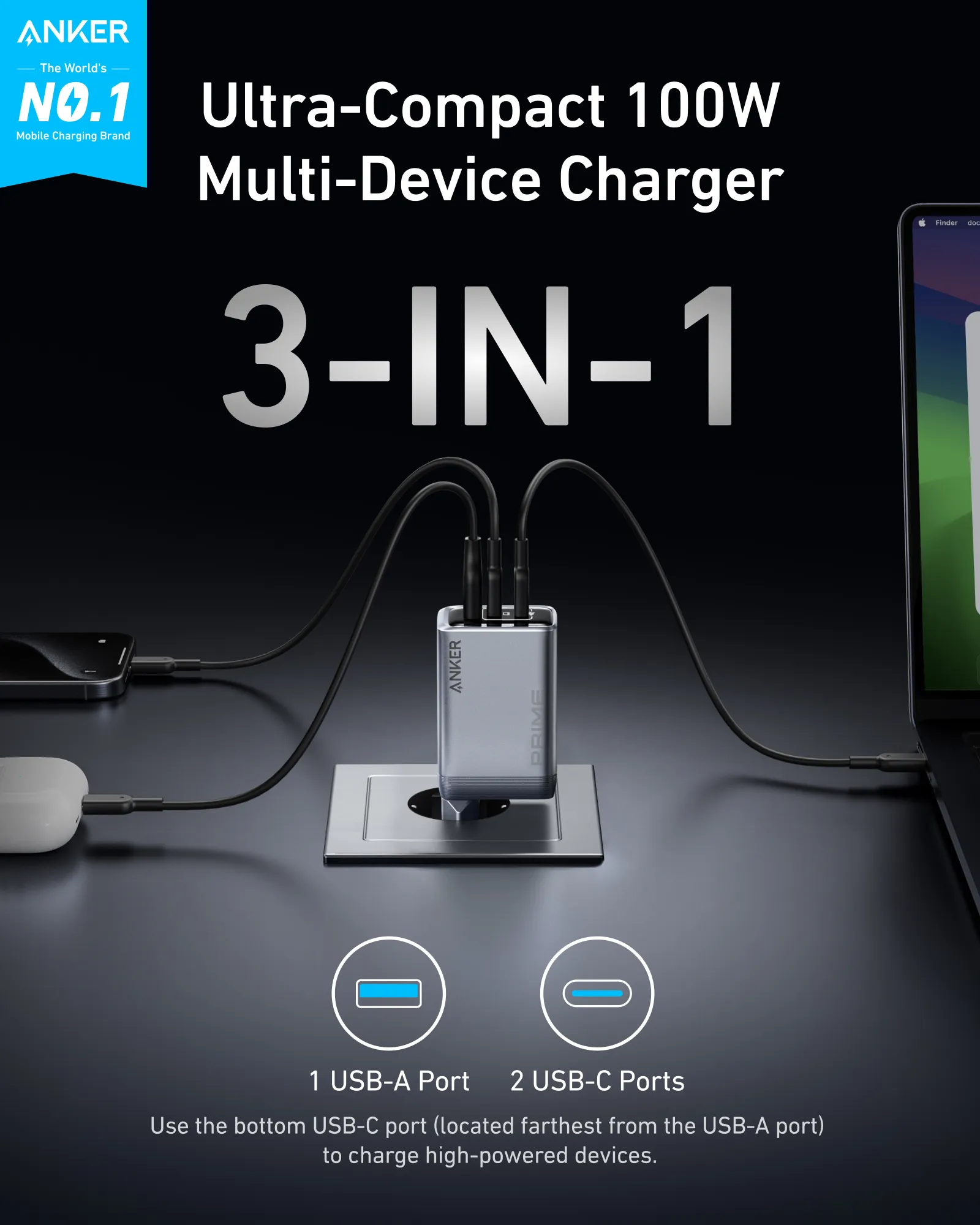 Anker Prime 100W 3-Ports GaNp -laturi, Musta